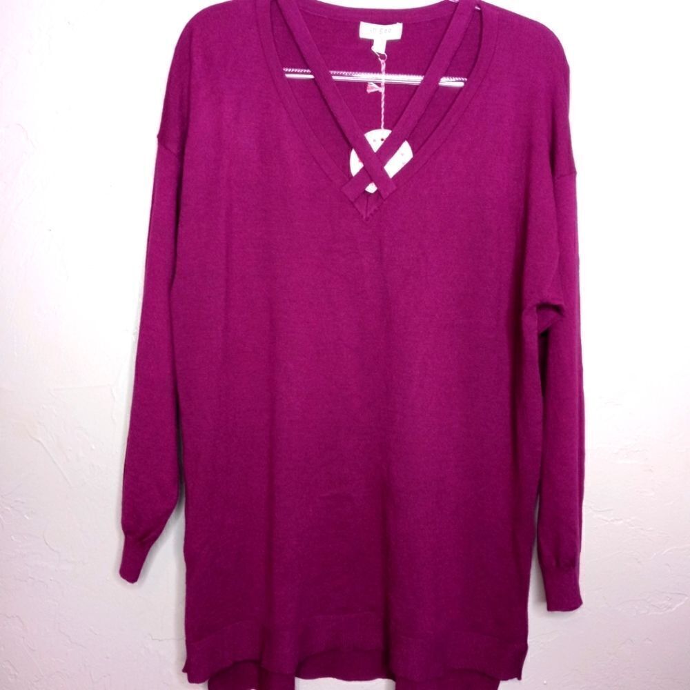 Umgee Plum Purple V neck with Cross over Design Sweater